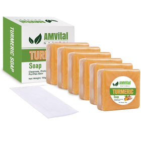 AMVital turmeric soap front packaging showing the brand and gentle formula benefit