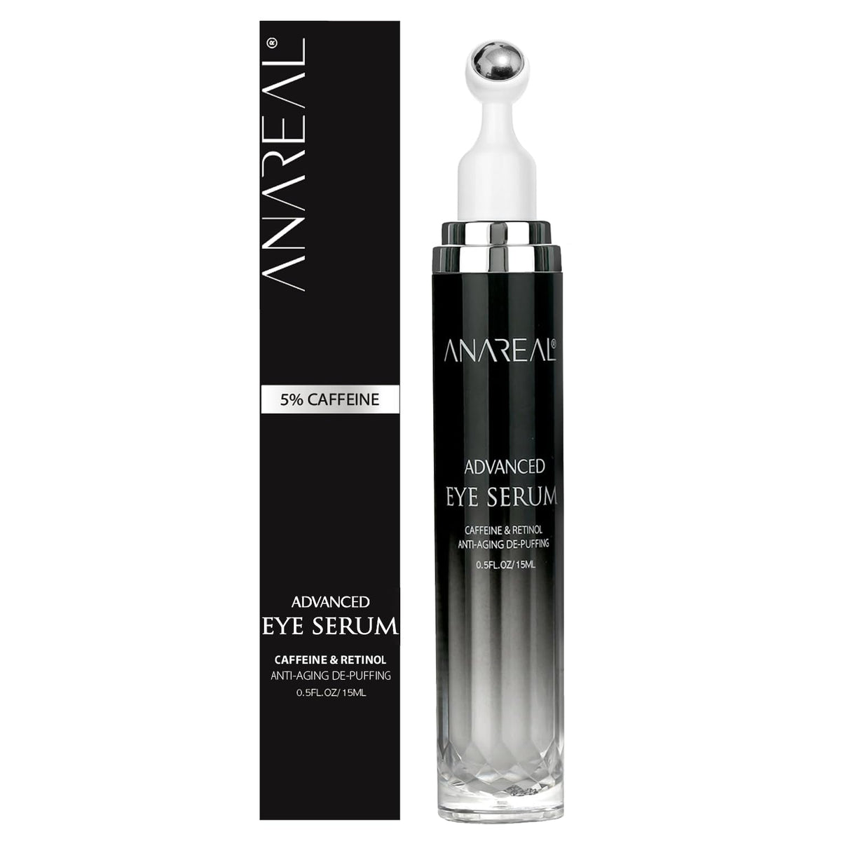ANAREAL front packaging showing eye cream and roller, conveys clarity