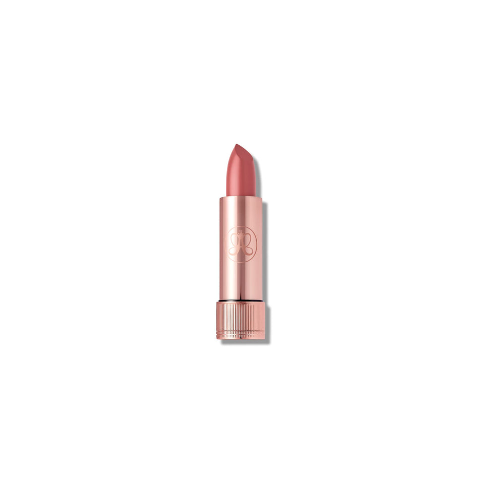 Anastasia Beverly Hills Satin Lipstick front packaging showing Dusty Rose and product benefit