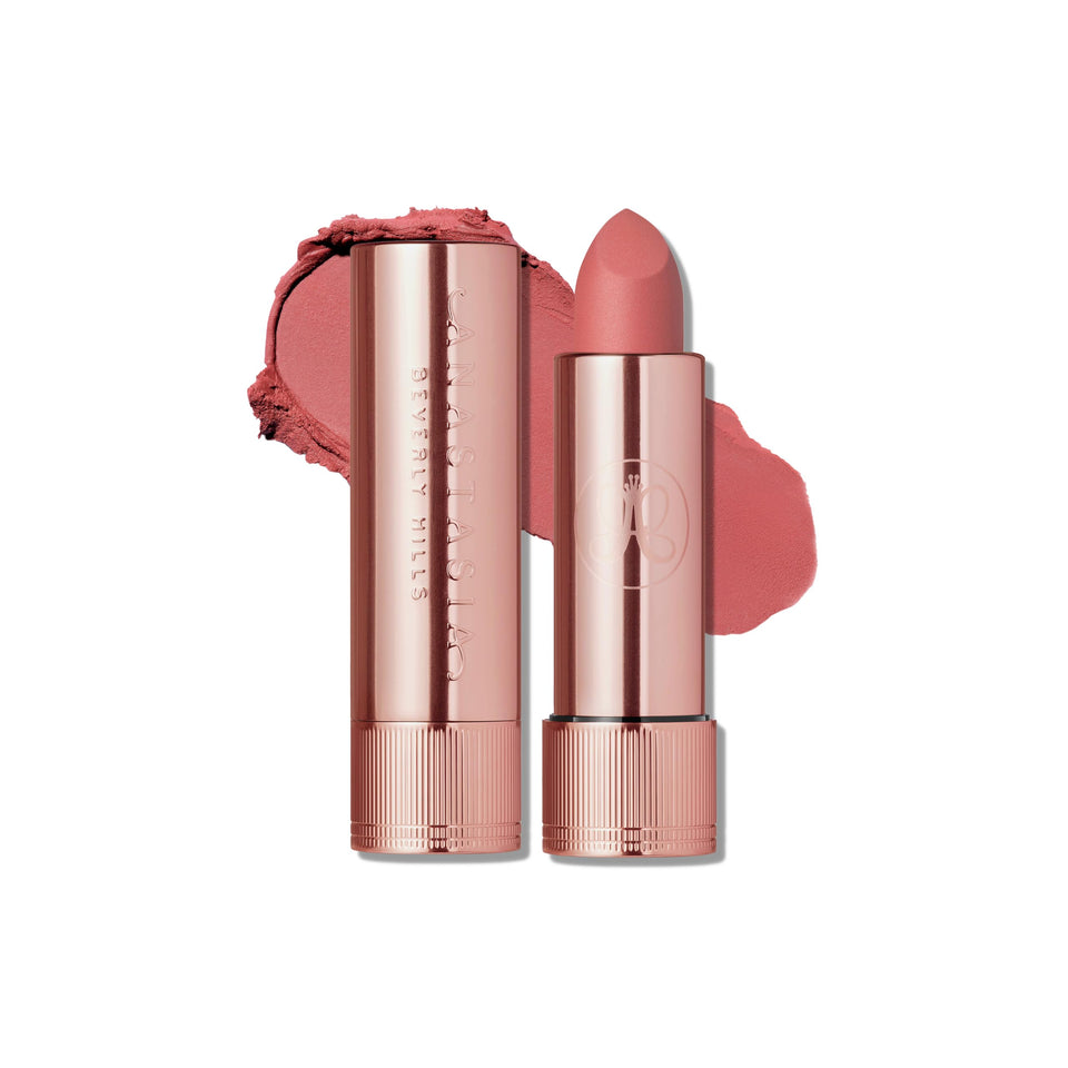 Anastasia Beverly Hills lipstick front packaging showing Sun Baked shade and sleek tube benefit