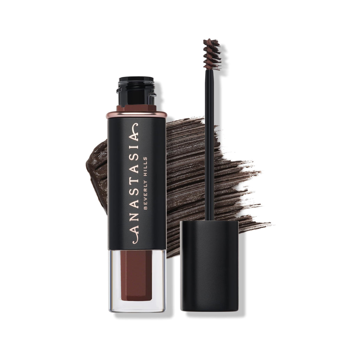 Anastasia Beverly Hills front packaging of volumizing tinted brow gel Chocolate, clear branding and shade