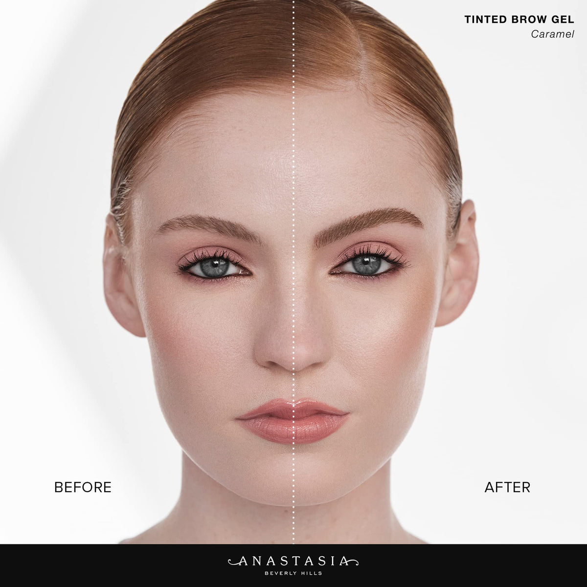 Anastasia Beverly Hills before and after brows on model showing tint and lift benefit natural fuller look