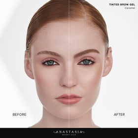 Anastasia Beverly Hills before and after brows on model showing tint and lift benefit natural fuller look