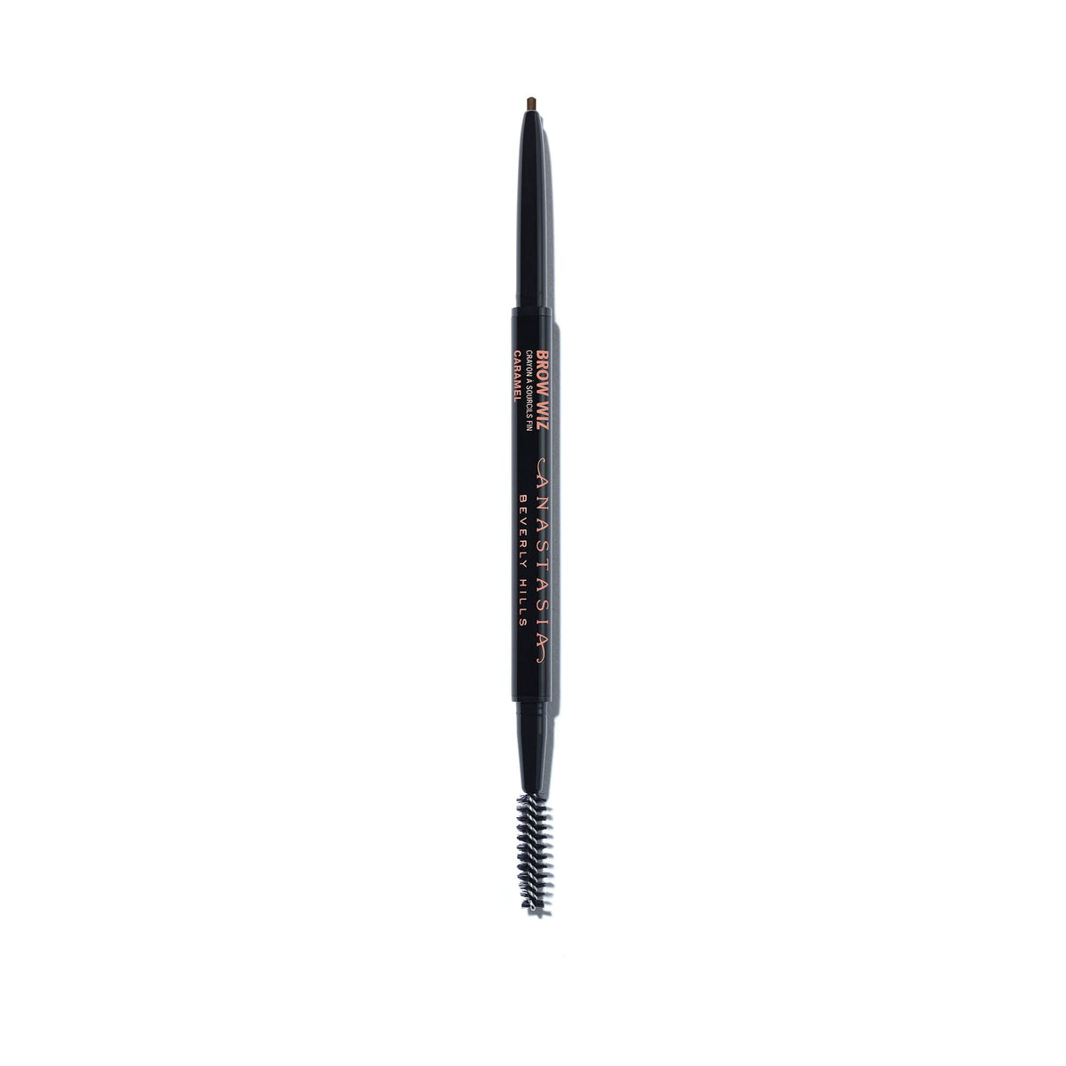 Anastasia Beverly Hills Brow Wiz front packaging showing Caramel shade and retractable pencil benefit