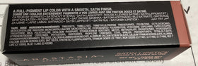 Anastasia Beverly Hills satin lipstick on model application demonstrating taupe beige natural enhancement