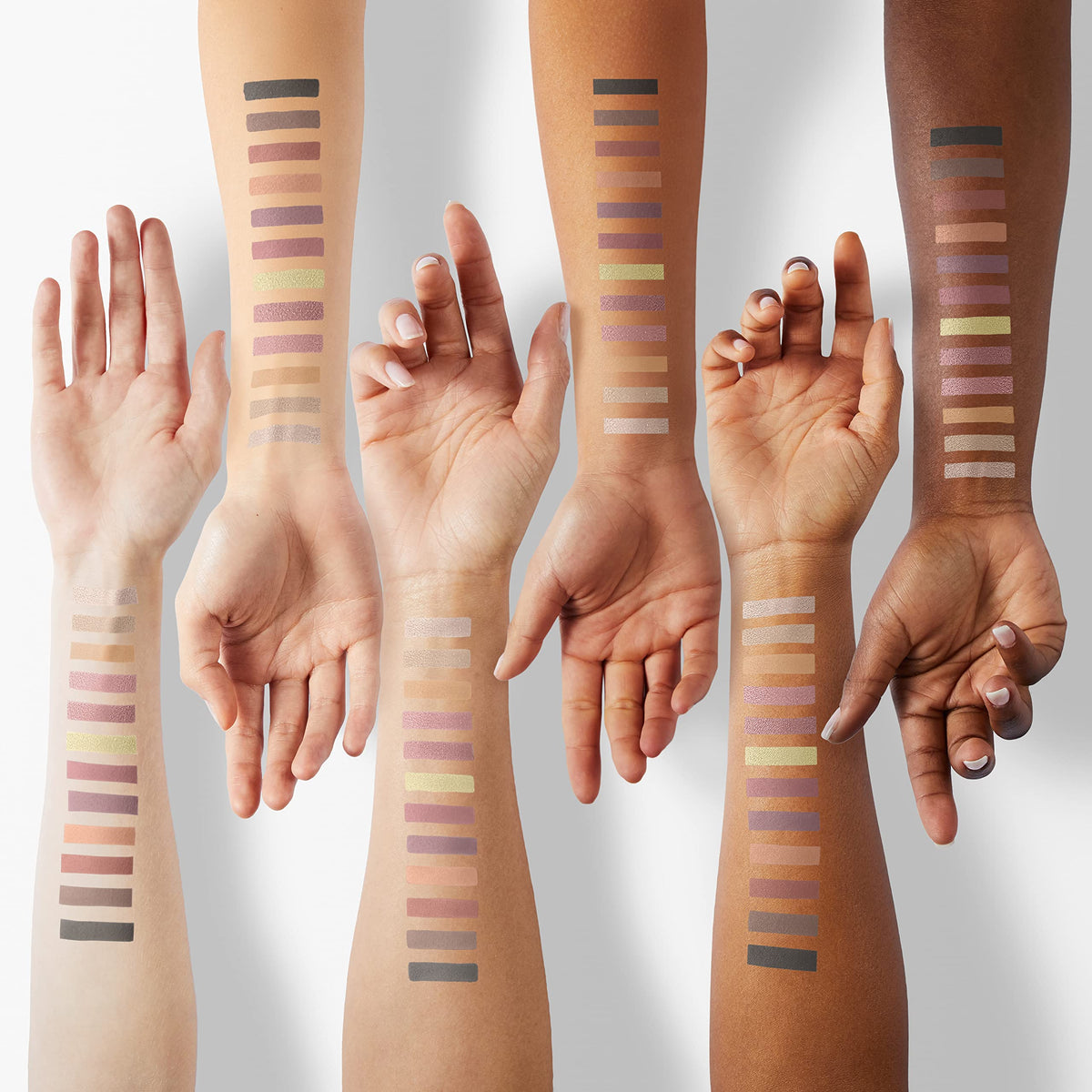 Anastasia Beverly Hills arm swatches of 14 shades showing color range benefit shade versatility