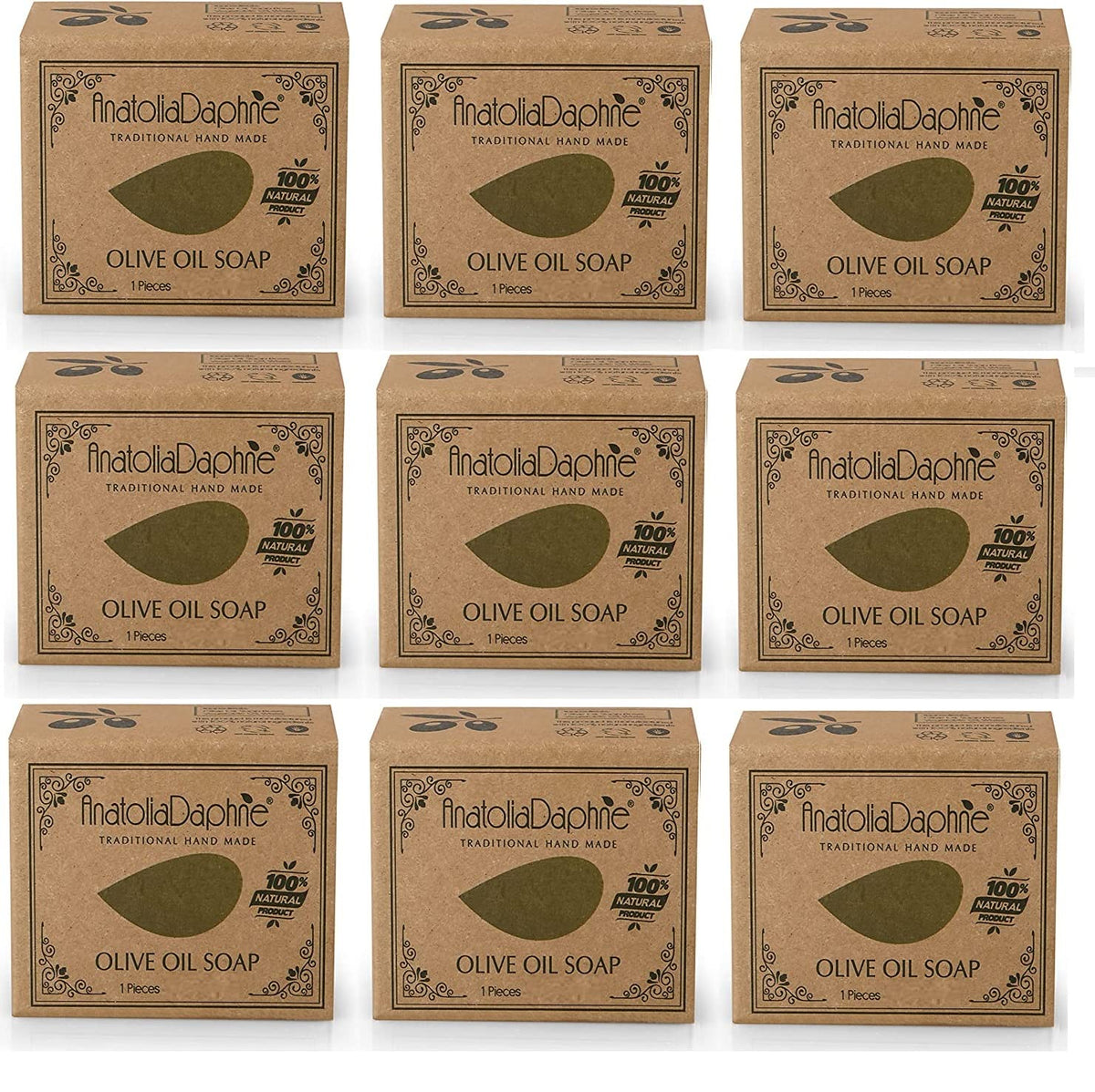 AnatoliaDaphne front packaging showing nine natural olive oil bars and clear labeling benefit pure ingredients