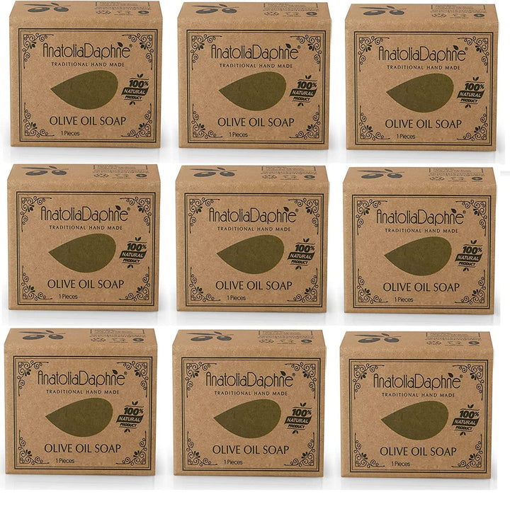AnatoliaDaphne front packaging showing nine natural olive oil bars and clear labeling benefit pure ingredients