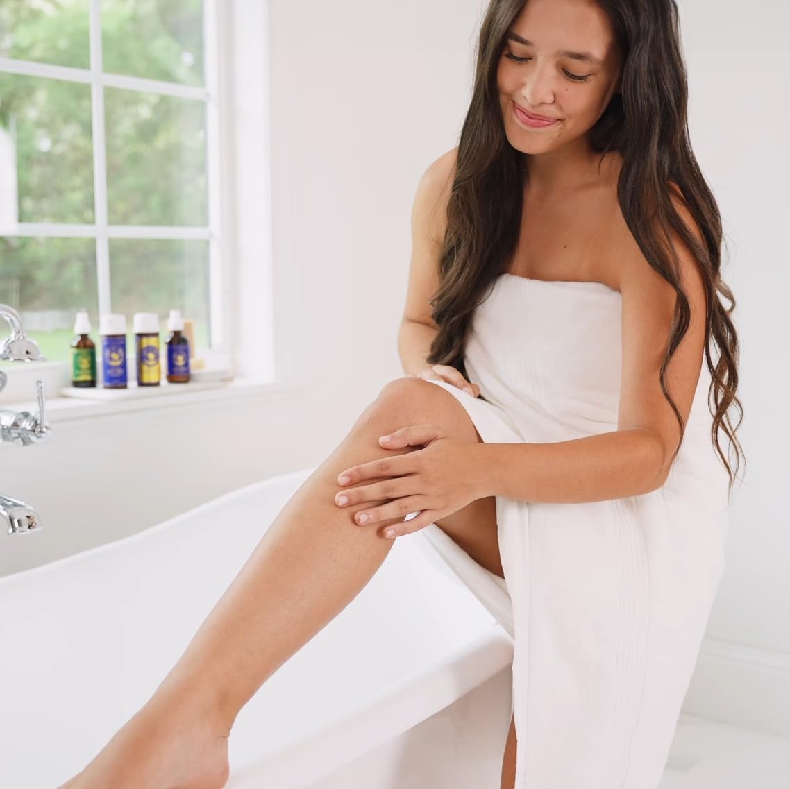 Ancient Greek Remedy in bathroom lifestyle scene promoting calming lavender ritual