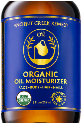 Ancient Greek Remedy bottle front showing clean organic packaging and moisturizing benefit