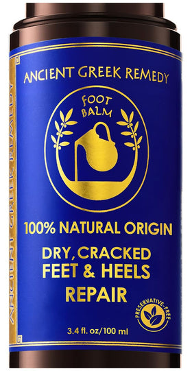 Ancient Greek Remedy front jar showing packaging and organic foot balm benefits
