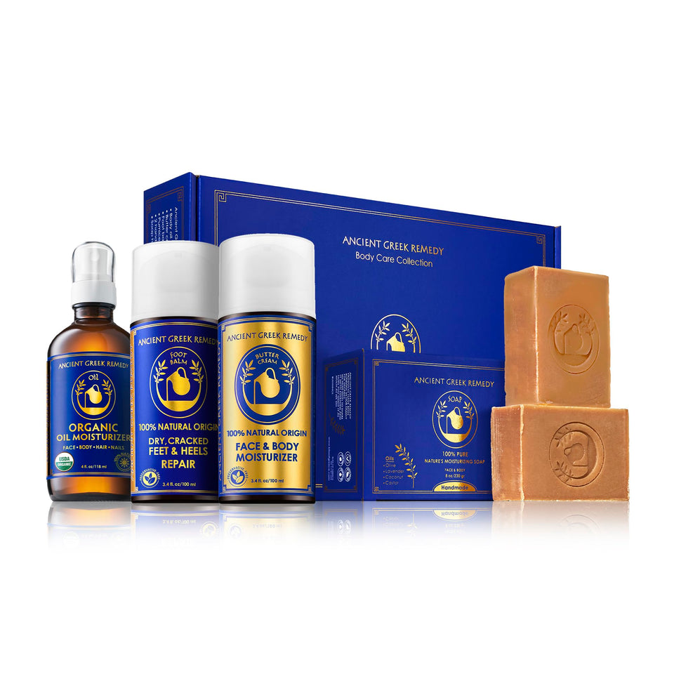 Ancient Greek Remedy front packaging showing the full lavender spa set and gift box