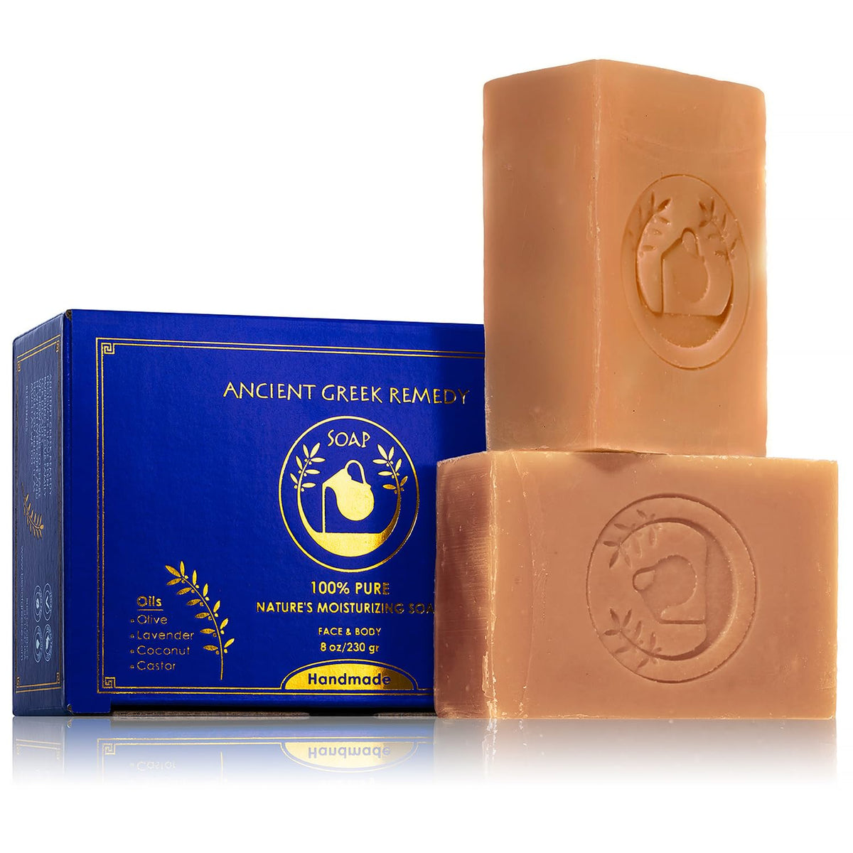Ancient Greek Remedy front packaging showing two soap bars and holder for neat storage