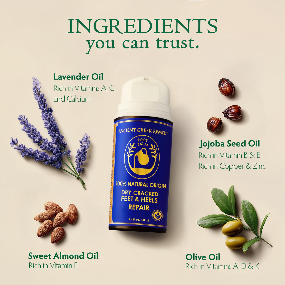 Ancient Greek Remedy ingredient bottles showing jojoba, almond and olive oils