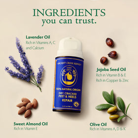 Ancient Greek Remedy ingredient bottles showing jojoba, almond and olive oils