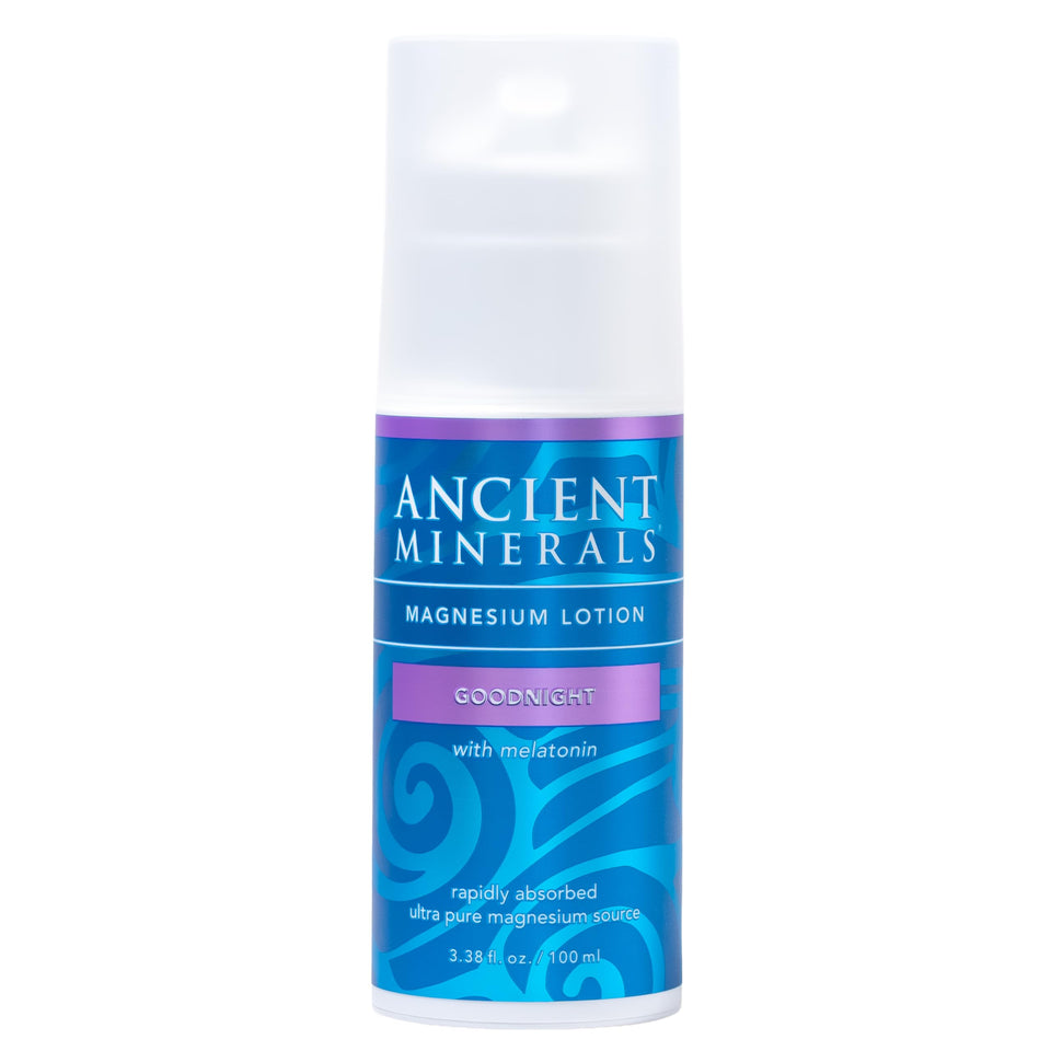 Ancient Minerals front packaging showing bottle and clear labeling for nighttime lotion benefit