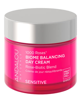 Andalou Naturals front jar showing 1000 Roses moisturizer and calming benefits