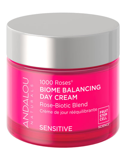 Andalou Naturals front jar showing 1000 Roses moisturizer and calming benefits