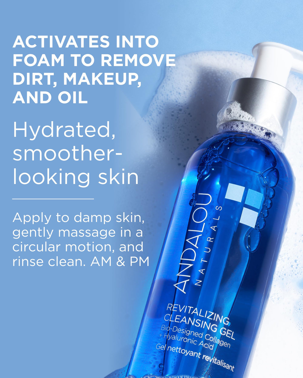 Andalou Naturals bottle beside hyaluronic acid visual emphasizing hydration