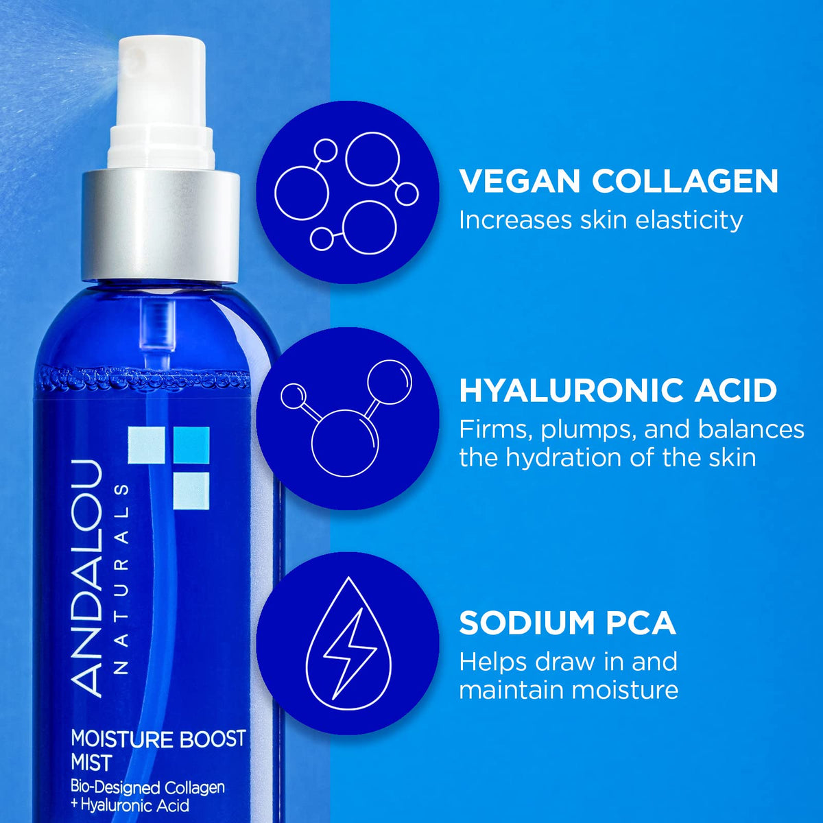 Andalou Naturals face mist close-up of label and ingredients highlighting hyaluronic benefit