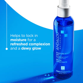 Andalou Naturals face mist mid-spray demonstrating fine mist for even skin coverage