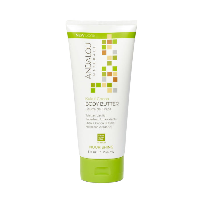 Andalou Naturals jar front view showing kukui cocoa label and nourishing benefits