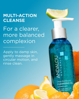 Andalou Naturals kombucha ingredient close-up, emphasizes probiotic support for balanced skin