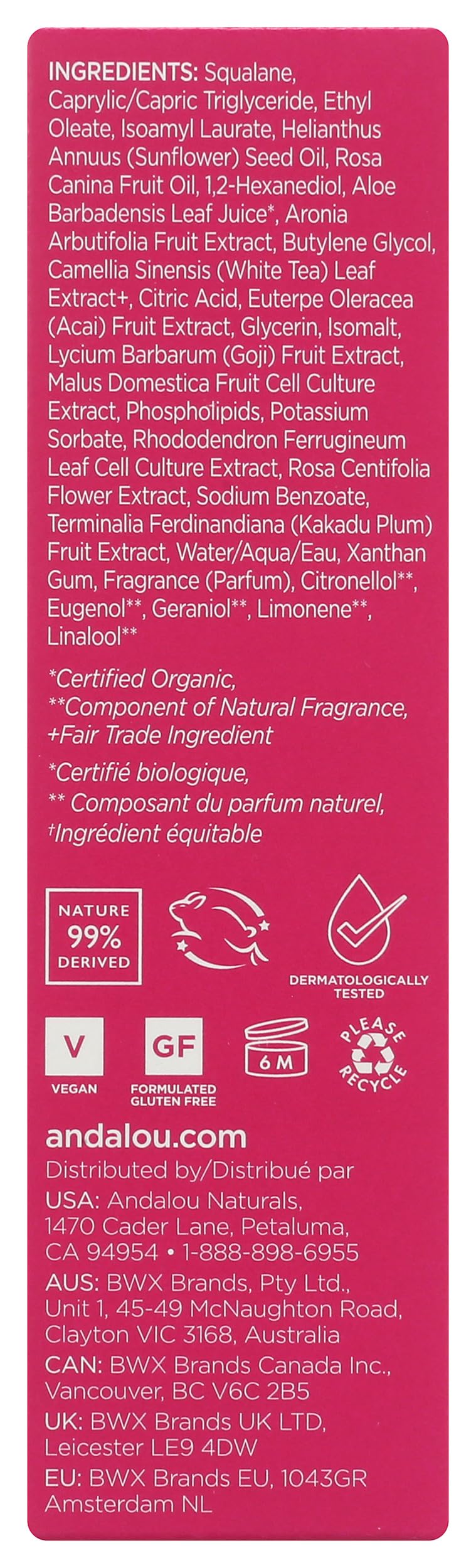 Andalou Naturals label with rose extracts emphasizing soothing botanicals