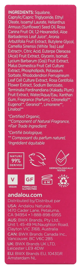 Andalou Naturals label with rose extracts emphasizing soothing botanicals