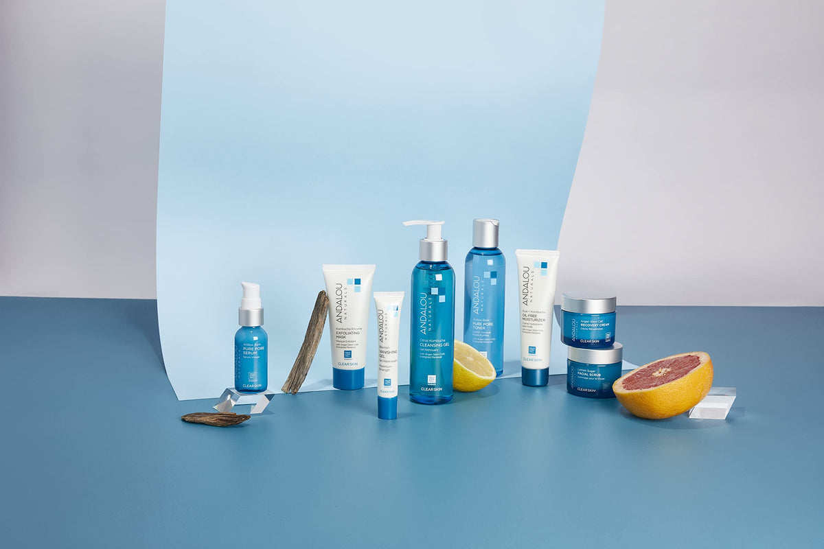 Andalou Naturals product on bathroom vanity suggesting daily routine benefit