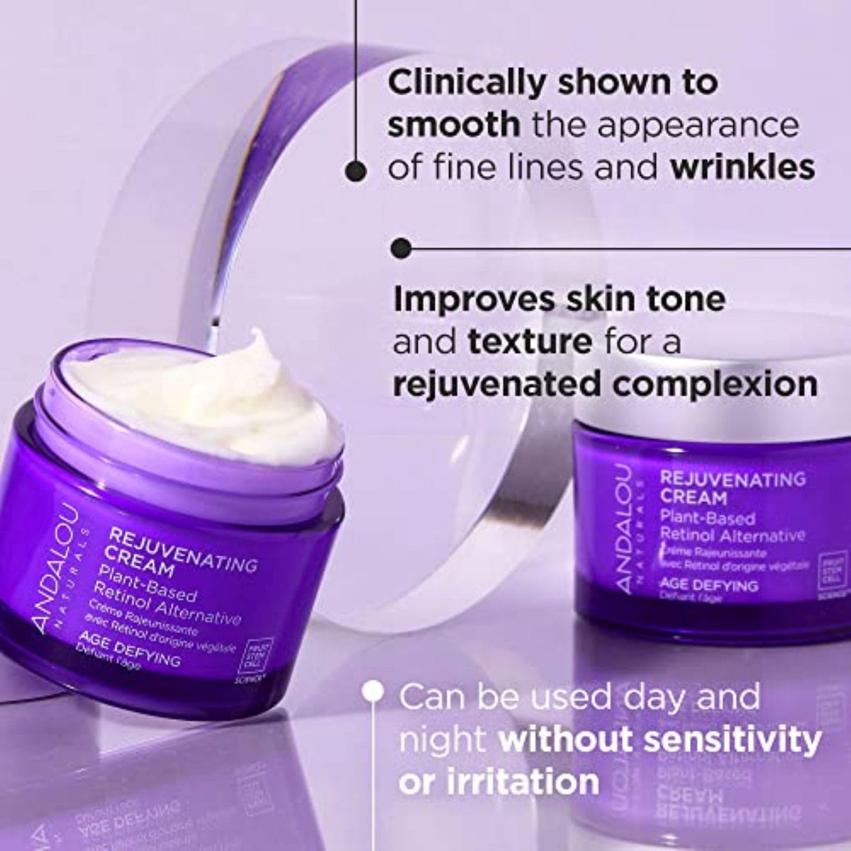 Andalou Naturals open jar top view displaying pale cream and easy scoopability benefit