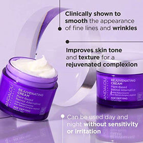Andalou Naturals open jar top view displaying pale cream and easy scoopability benefit
