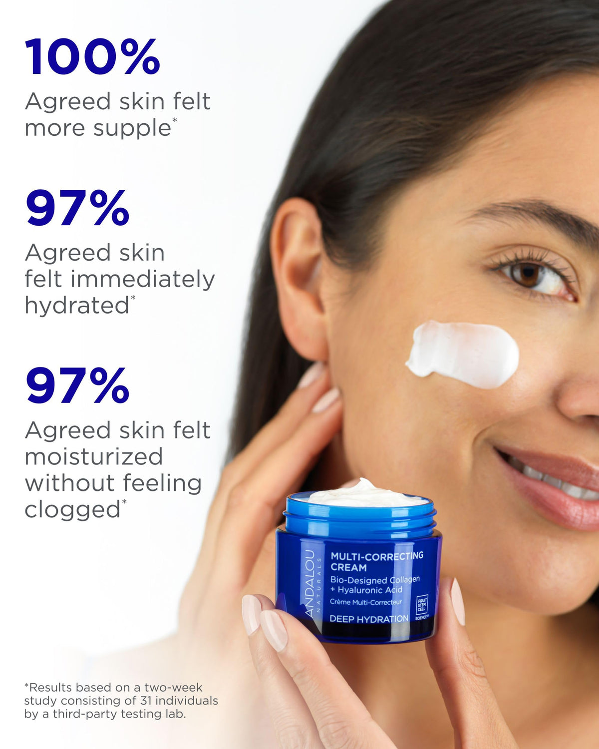 Andalou Naturals dispensing cream on hand demonstrating easy application