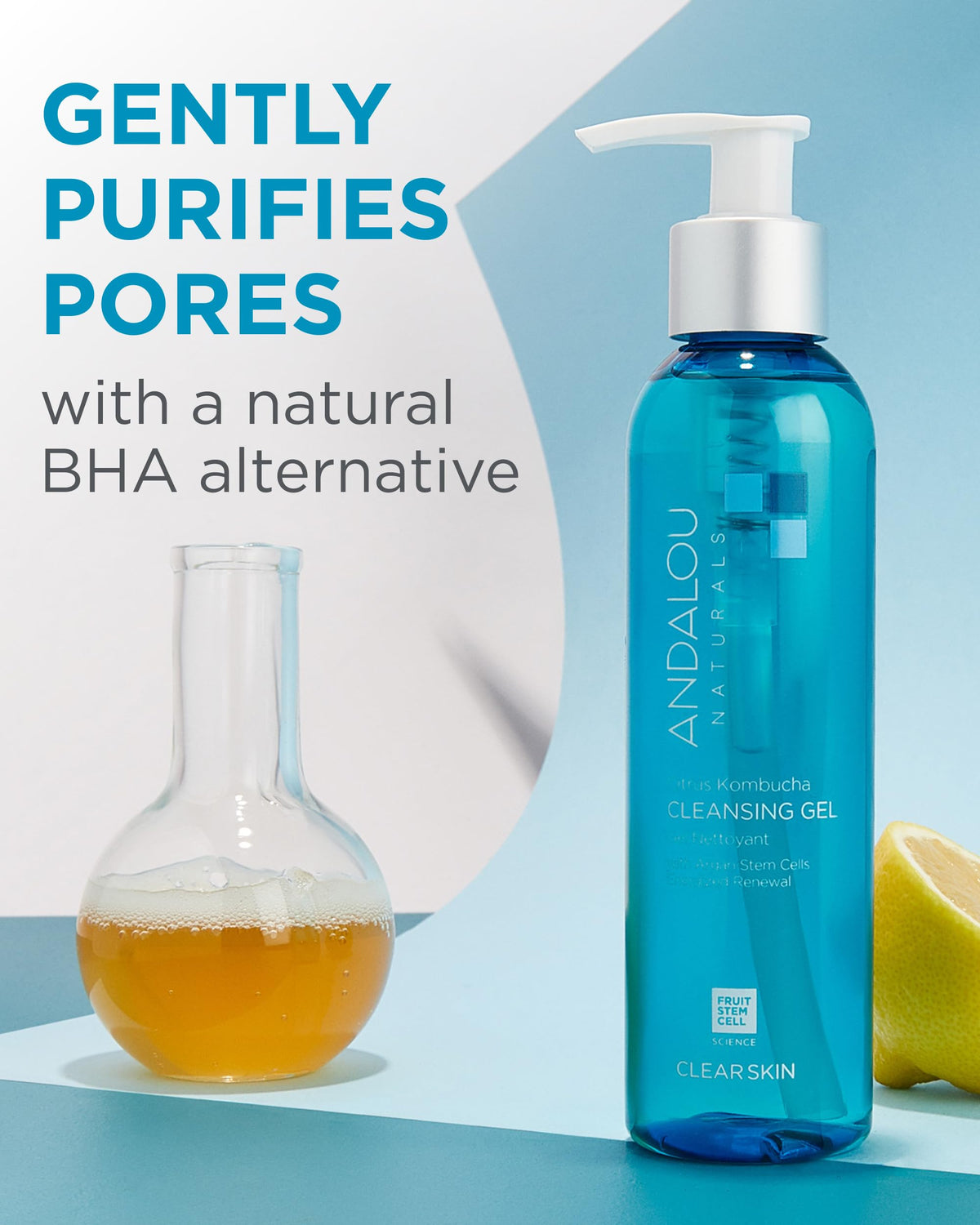 Andalou Naturals 6 fl oz bottle next to hand, conveys true size and travel-friendly benefit