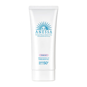 Anessa front packaging of tone up brightening UV sunscreen gel showing label and size, convenient daily protection