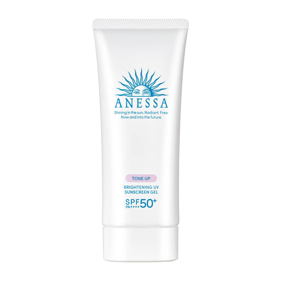 Anessa front packaging of tone up brightening UV sunscreen gel showing label and size, convenient daily protection
