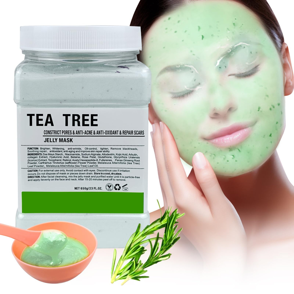 Angeland jar front view showing tea tree label and large 23 fl oz capacity for professional use