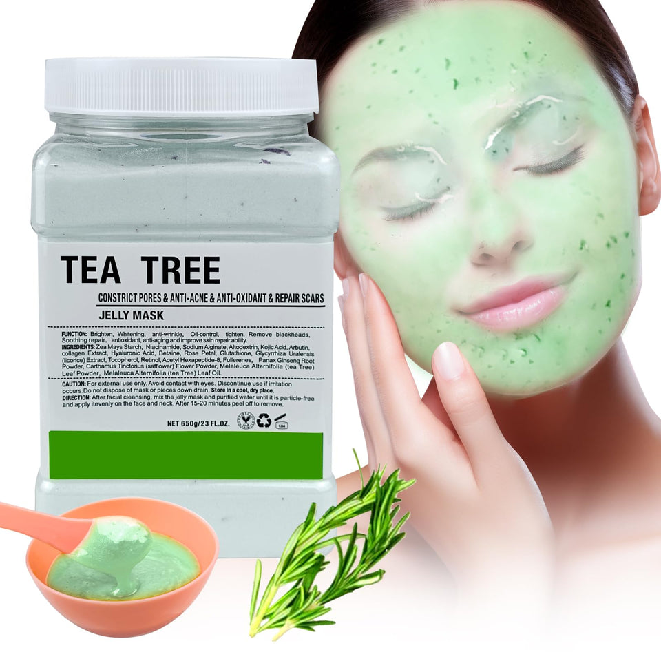 Angeland jar front view showing tea tree label and large 23 fl oz capacity for professional use
