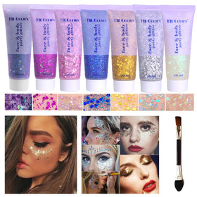 Angels Beauty front packaging showing multiple glitter gel color tubes and labels for festival use