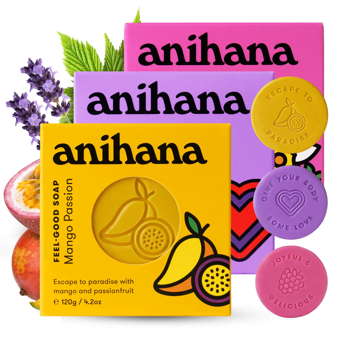ANIHANA front packaging showing three scented soap bars and sustainable benefit