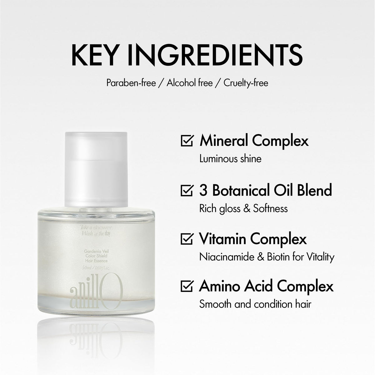ANILLO texture drop close-up showing lightweight serum for non-greasy shine