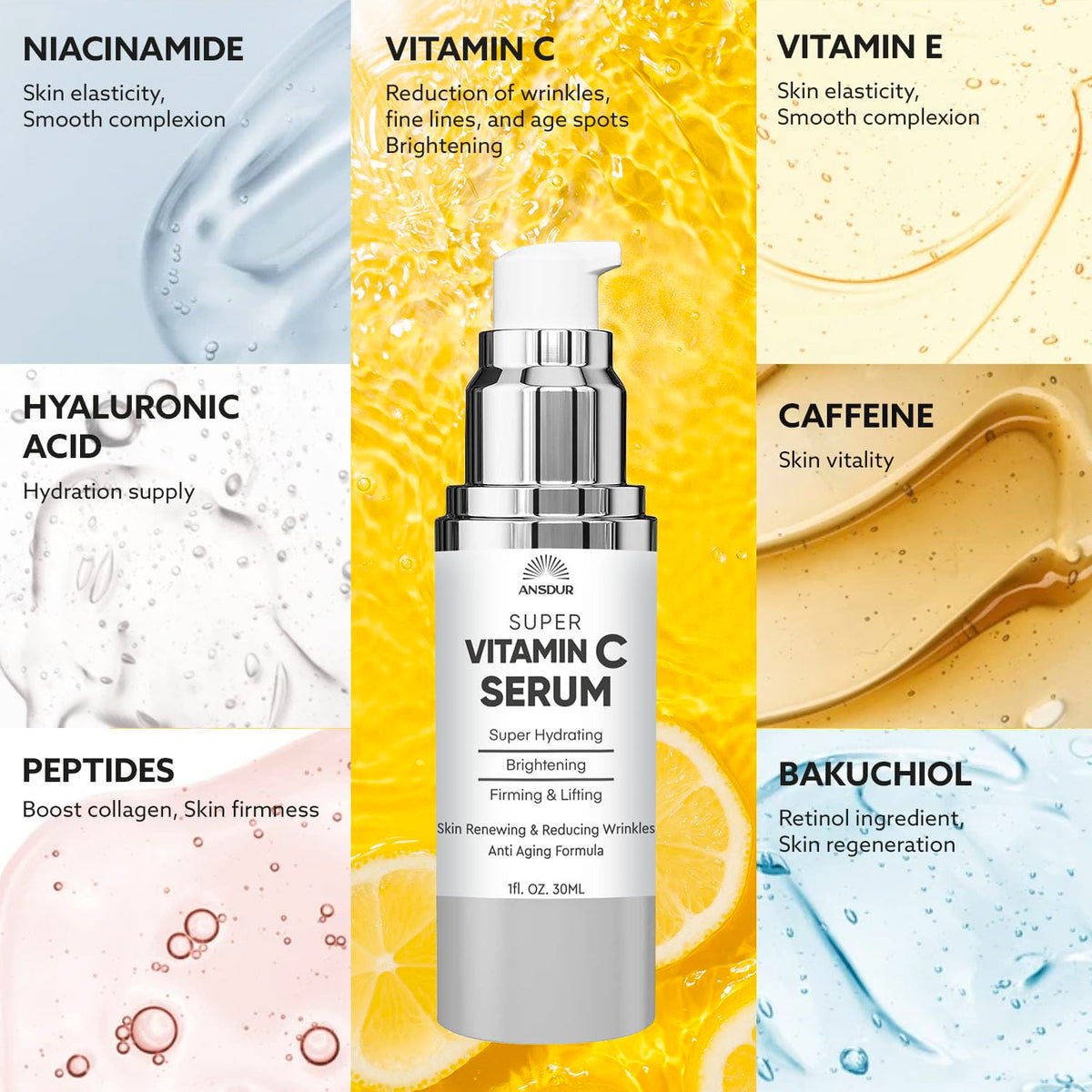 ANSDUR ingredient visual featuring Vitamin C and niacinamide for brightening