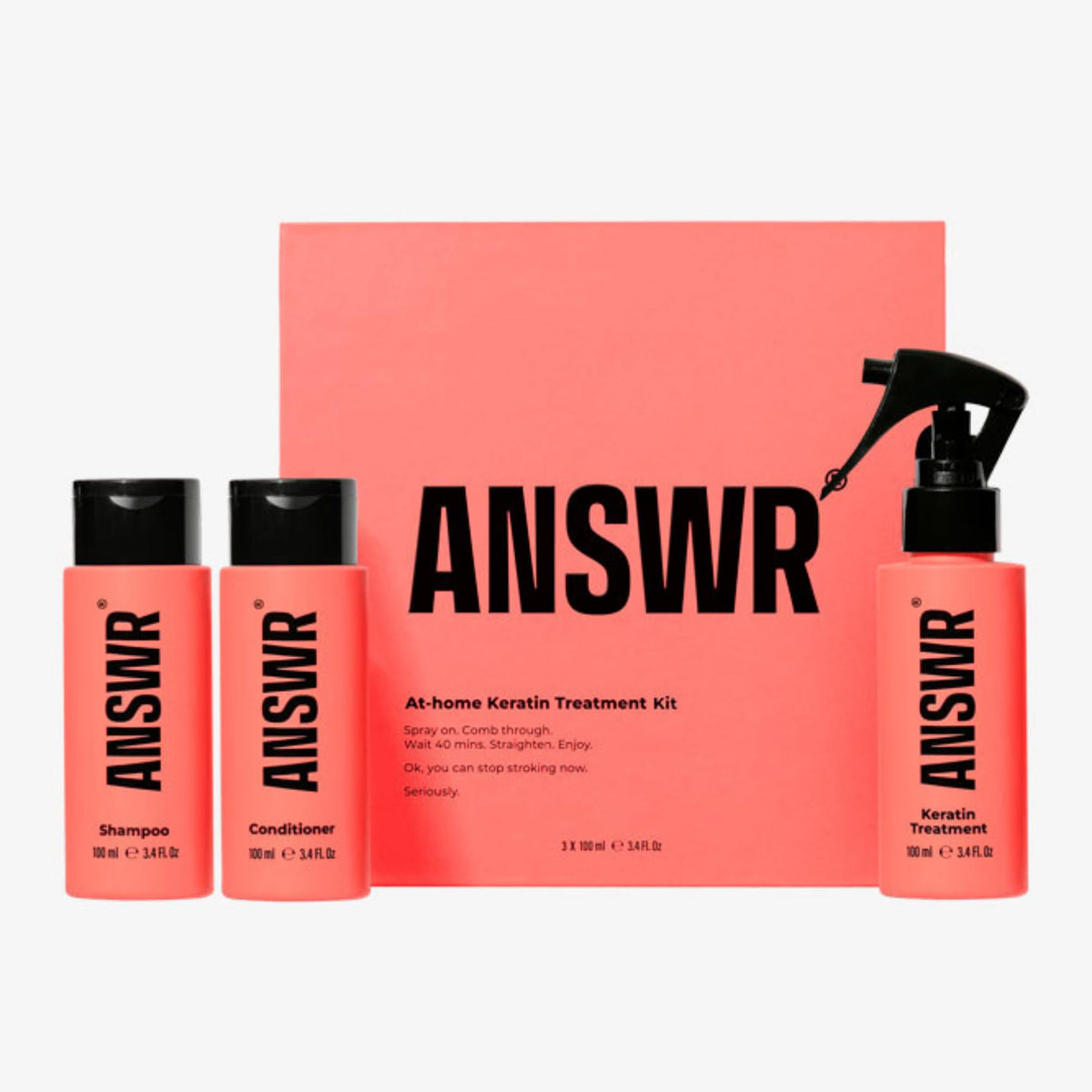 ANSWR front packaging kit showing three 100ml bottles and benefits