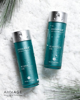AnteAGE two 30 ml bottles held in hand to show actual size and travel-friendly scale for consistent daily use