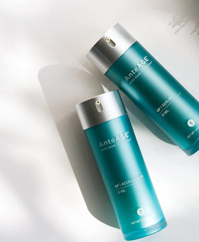 Pump dispensing AnteAGE accelerator onto skin demonstrating controlled application and fast-absorbing finish for layered routines