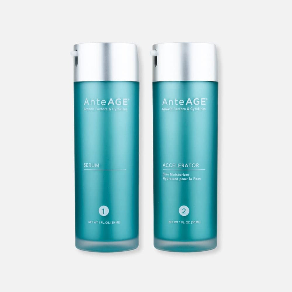 AnteAGE Pro System front packaging showing two 30 ml bottles and clear labels for fast identification and professional use