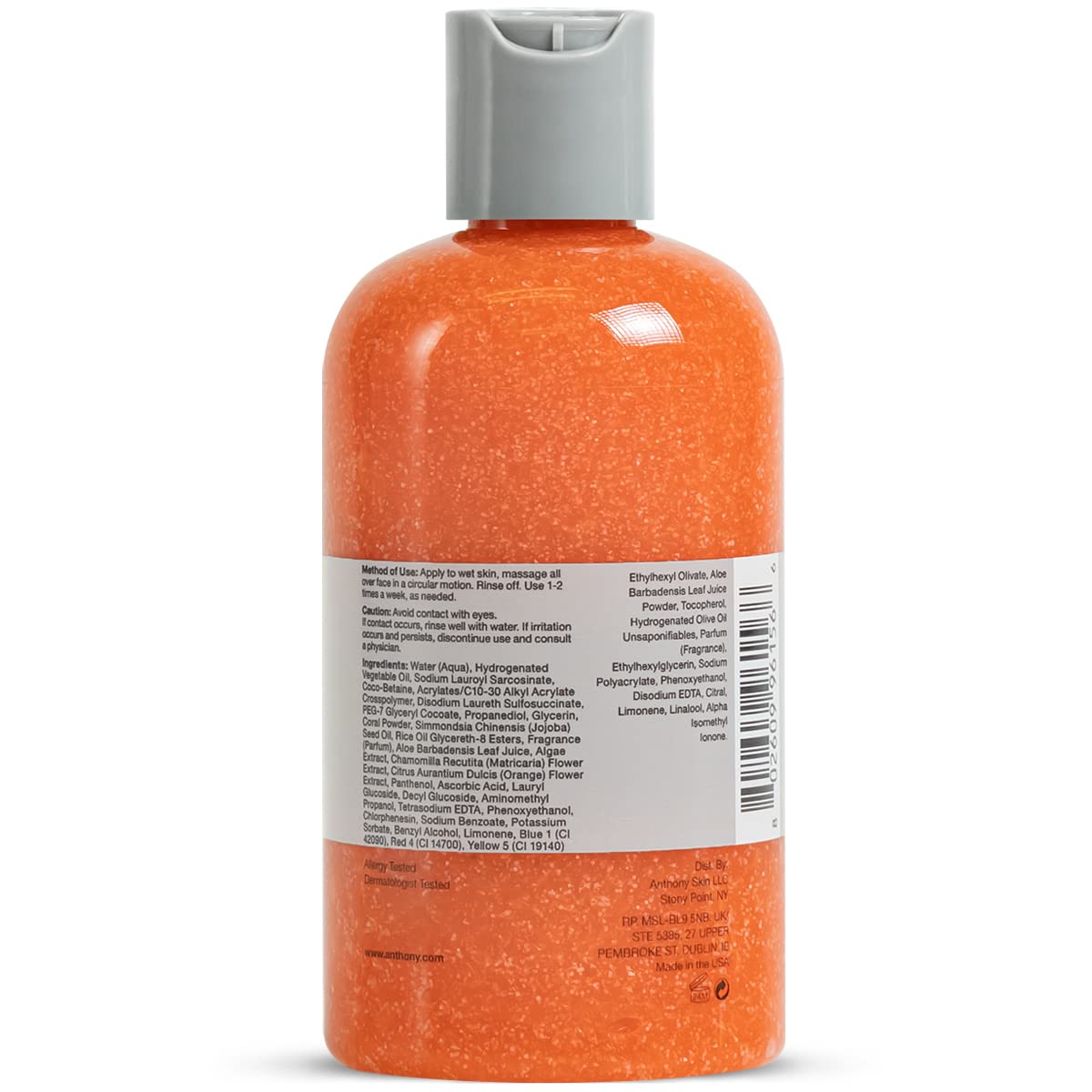 Anthony facial scrub next to measuring cup showing 8 fl oz size and travel-friendly benefit