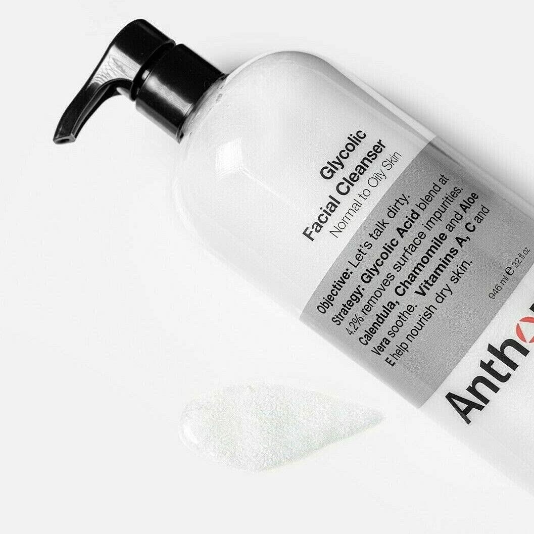 Anthony glycolic ingredient label close-up showing botanicals and formula benefits