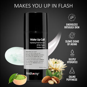 Anthony Wake Up Call being applied to face showing cooling effect and refreshed look