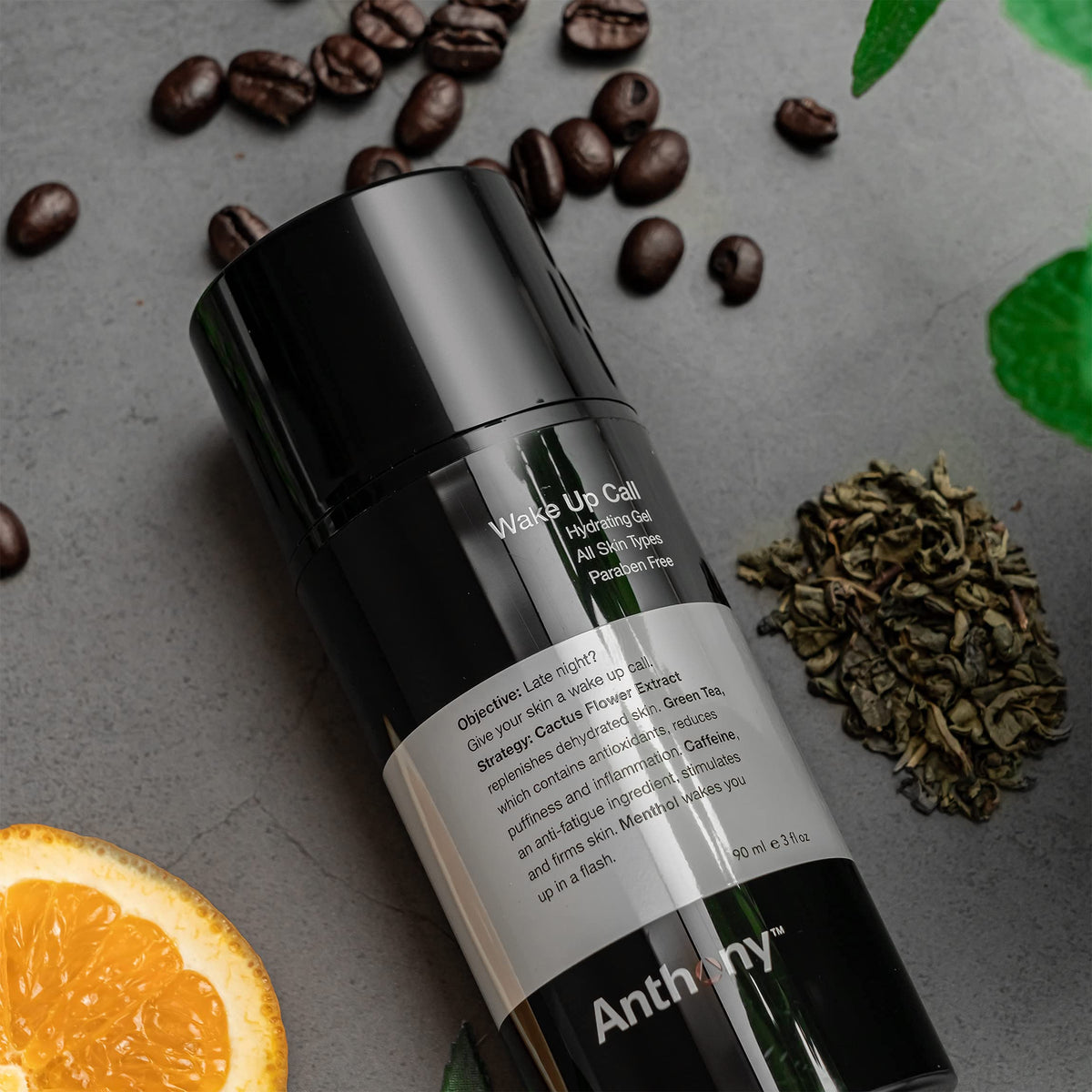 Anthony Wake Up Call held in hand showing 3 fl oz size and portable convenience